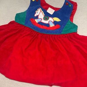 VINTAGE Red Corduroy Baby Dress with Rocking Horse Applique